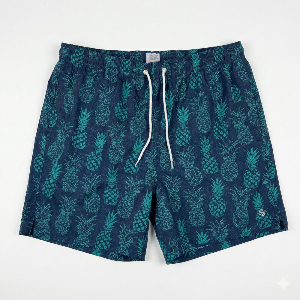 Sol Borne Mens XL Swim Trunks Blue Pineapple Print Polyester Soft Lining